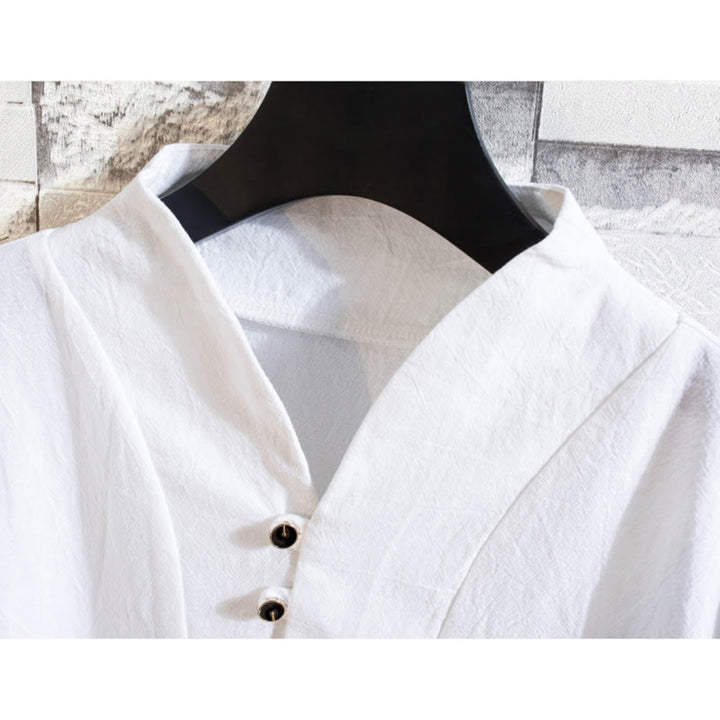 Ensemble 2 pièces pour homme, t-shirt à manches courtes et pantalon en coton uni avec boutons et Buddha Stones - image 4