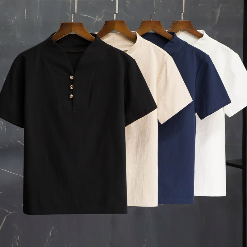 Ensemble 2 pièces pour homme, t-shirt à manches courtes et pantalon en coton uni avec boutons et Buddha Stones - image 1