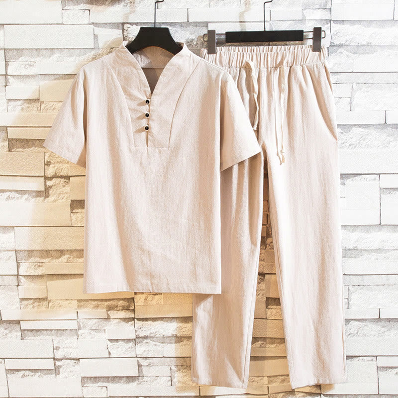 Buddha Stones Ensemble 2 pièces en coton de couleur unie avec t-shirt à manches courtes et pantalon pour homme