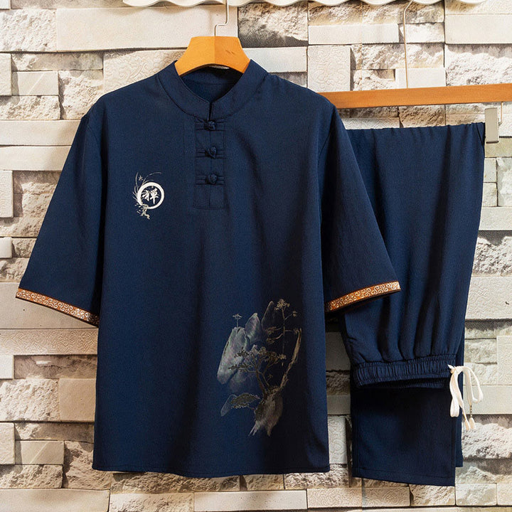 Ensemble 2 pièces chemise à manches courtes et pantalon pour homme en coton et lin avec boutons de Buddha Stones et motif d'arbre