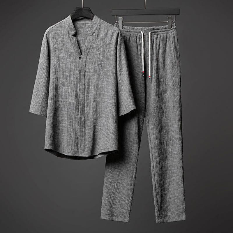 Ensemble chemise et pantalon à manches mi-longues et boutons pour homme, 2 pièces, couleur unie, Buddha Stones - Gris - US/UK/AU44，EU54 (5XL) - image 0