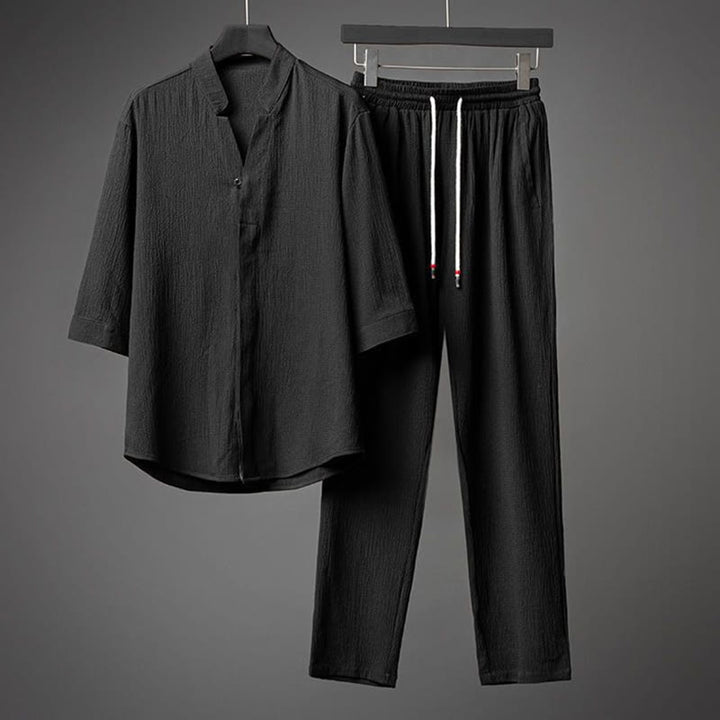 Ensemble chemise et pantalon à manches mi-longues et boutons pour homme, 2 pièces, couleur unie, Buddha Stones - Noir - US/UK/AU44，EU54 (5XL) - image 12