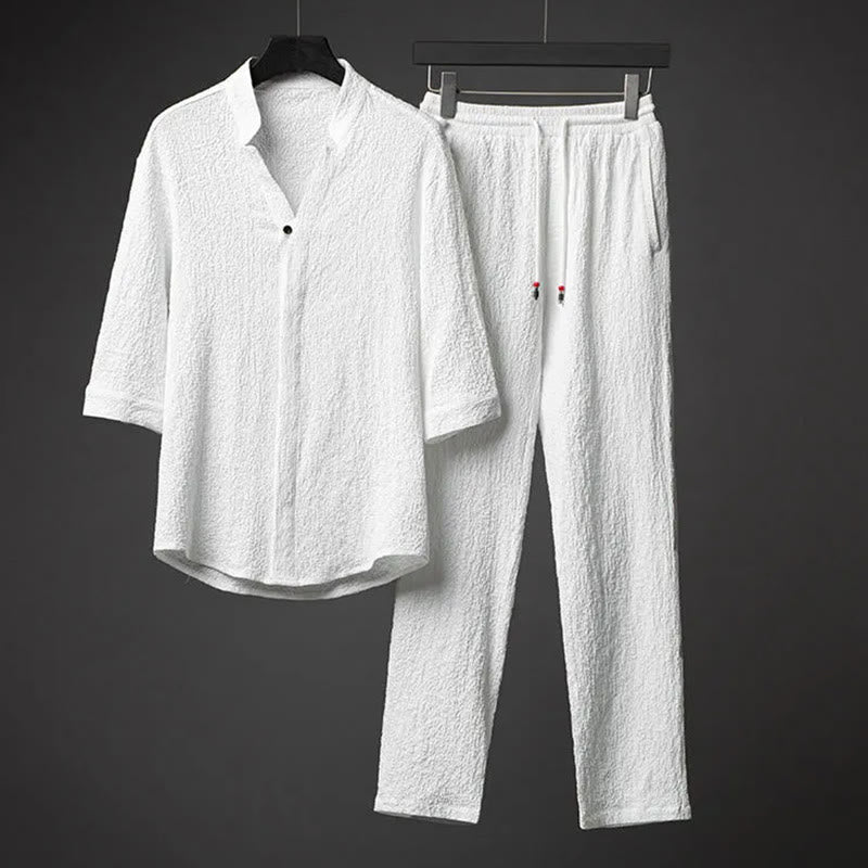 Ensemble chemise et pantalon à manches mi-longues et boutons pour homme, 2 pièces, couleur unie, Buddha Stones - Blanc - États-Unis/Royaume-Uni/AU 44, EU 54 (5XL) - image 2