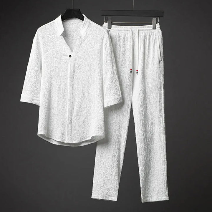 Ensemble chemise et pantalon à manches mi-longues et boutons pour homme, 2 pièces, couleur unie, Buddha Stones - Blanc - États-Unis/Royaume-Uni/AU 44, EU 54 (5XL) - image 2