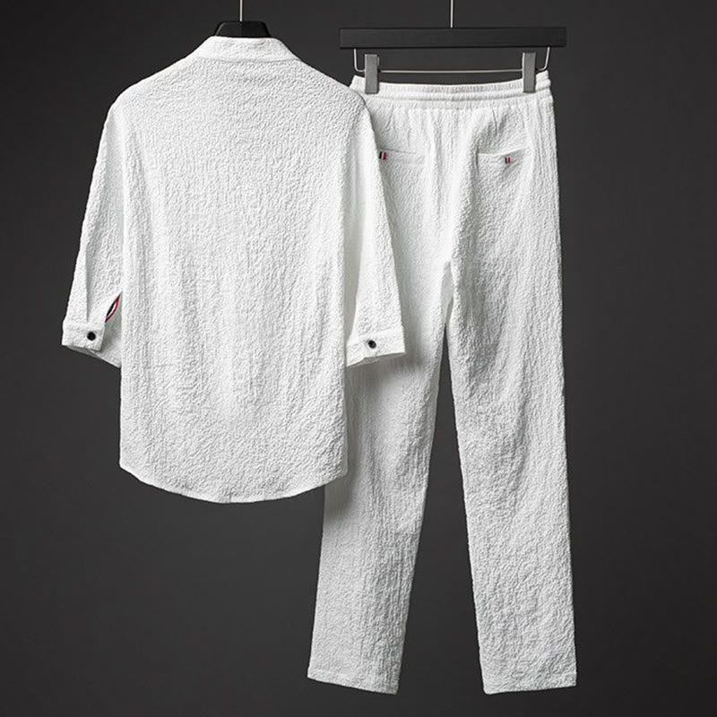 Ensemble chemise et pantalon à manches mi-longues et boutons pour homme, 2 pièces, couleur unie, Buddha Stones - image 3