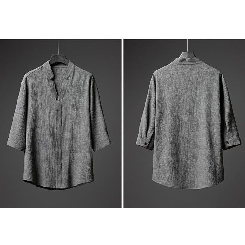 Ensemble chemise et pantalon à manches mi-longues et boutons pour homme, 2 pièces, couleur unie, Buddha Stones - image 1