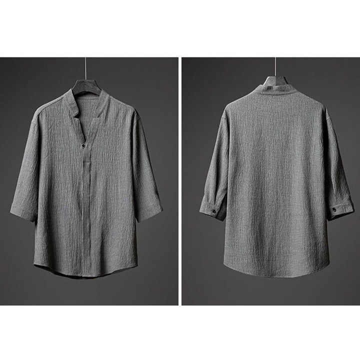 Ensemble chemise et pantalon à manches mi-longues et boutons pour homme, 2 pièces, couleur unie, Buddha Stones - image 1