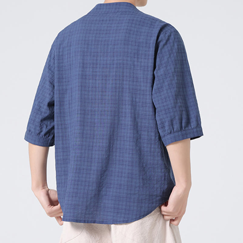 Chemise à manches mi-longues en coton et lin pour homme, motif à carreaux avec boutons de grenouille et Buddha Stones