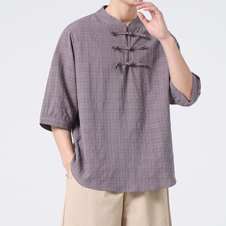 Chemise à manches mi-longues en coton et lin pour homme, motif à carreaux avec boutons de grenouille et Buddha Stones