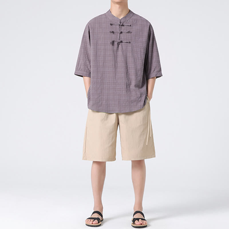 Chemise à manches mi-longues en coton et lin pour homme, motif à carreaux avec boutons de grenouille et Buddha Stones