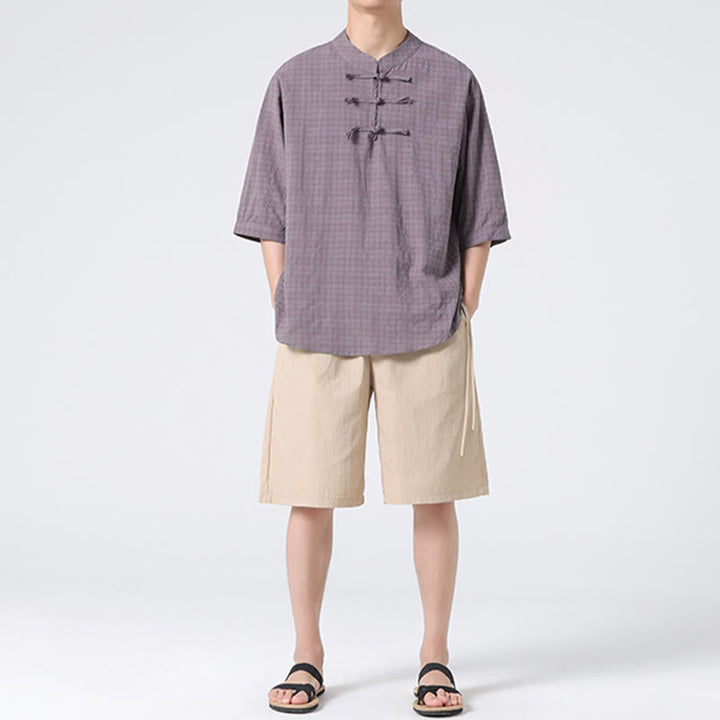 Chemise à manches mi-longues en coton et lin pour homme, motif à carreaux avec boutons de grenouille et Buddha Stones