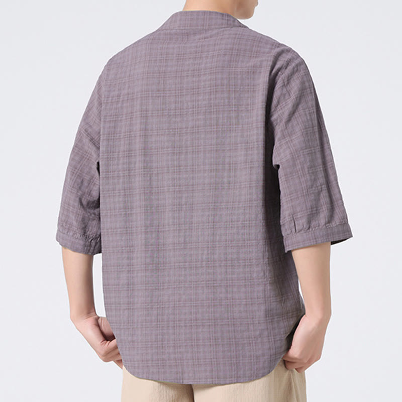 Chemise à manches mi-longues en coton et lin pour homme, motif à carreaux avec boutons de grenouille et Buddha Stones