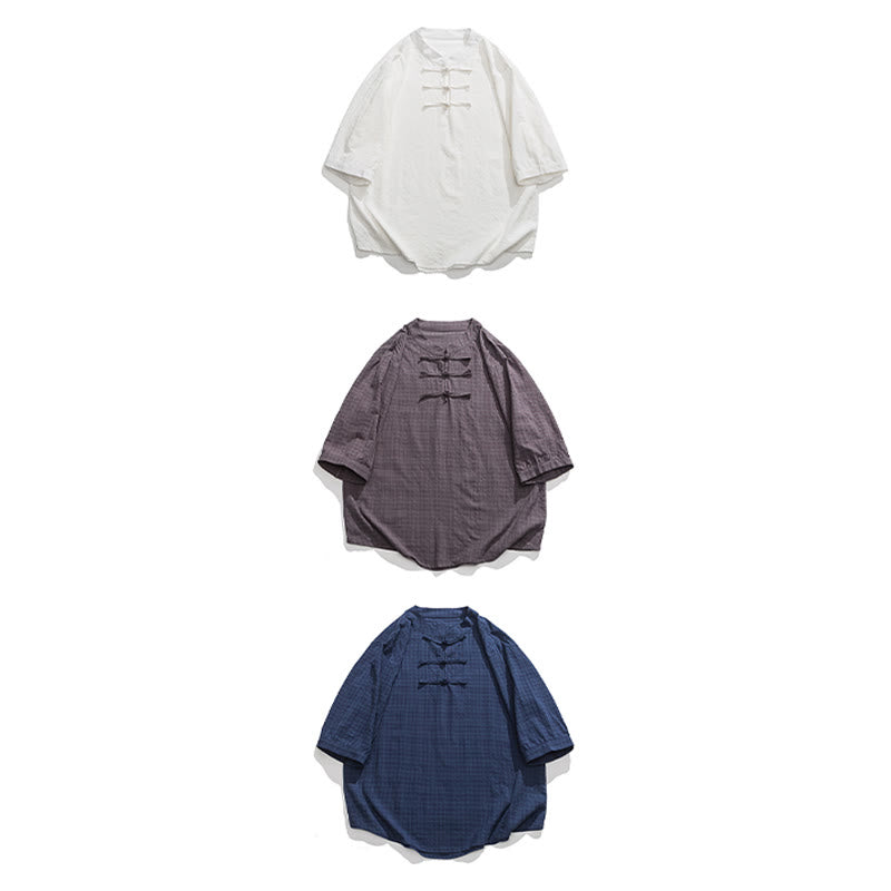 Chemise à manches mi-longues en coton et lin pour homme, motif à carreaux avec boutons de grenouille et Buddha Stones