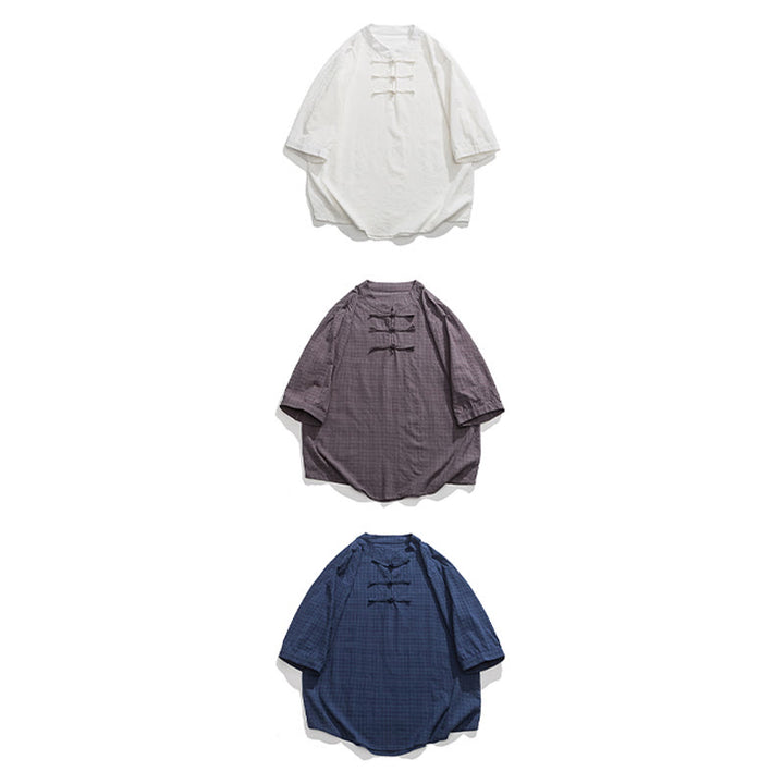 Chemise à manches mi-longues en coton et lin pour homme, motif à carreaux avec boutons de grenouille et Buddha Stones