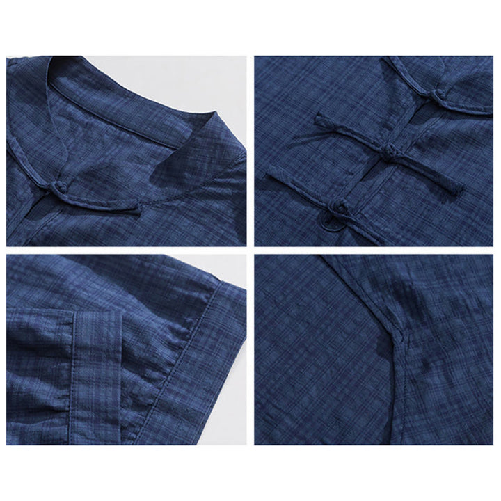 Chemise à manches mi-longues en coton et lin pour homme, motif à carreaux avec boutons de grenouille et Buddha Stones