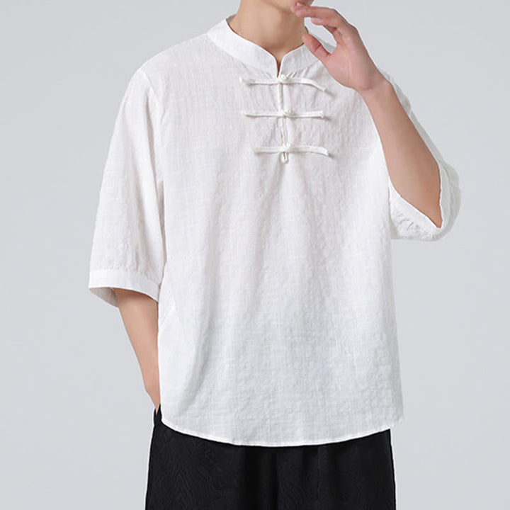 Chemise à manches mi-longues en coton et lin pour homme, motif à carreaux avec boutons de grenouille et Buddha Stones