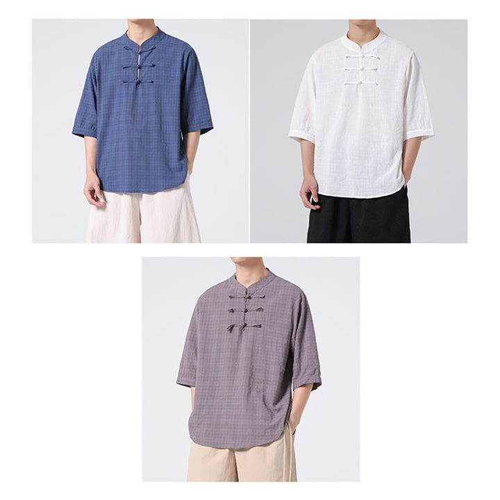 Chemise à manches mi-longues en coton et lin pour homme, motif à carreaux avec boutons de grenouille et Buddha Stones