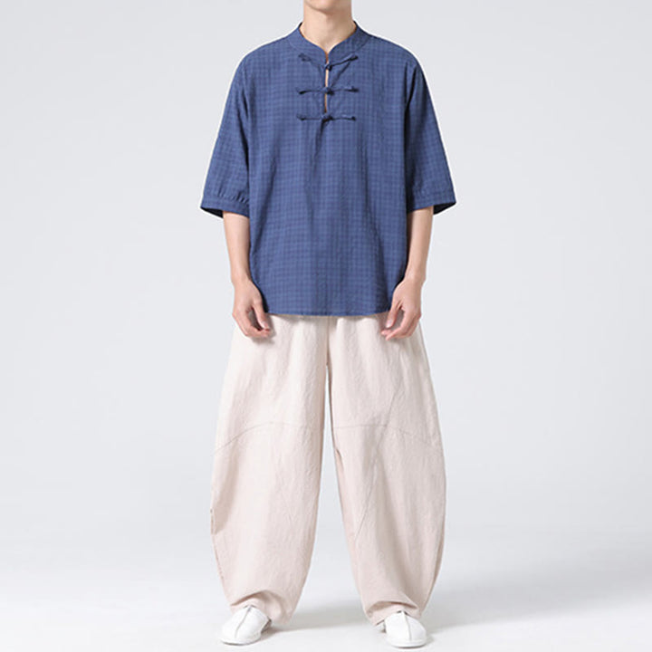 Chemise à manches mi-longues en coton et lin pour homme, motif à carreaux avec boutons de grenouille et Buddha Stones