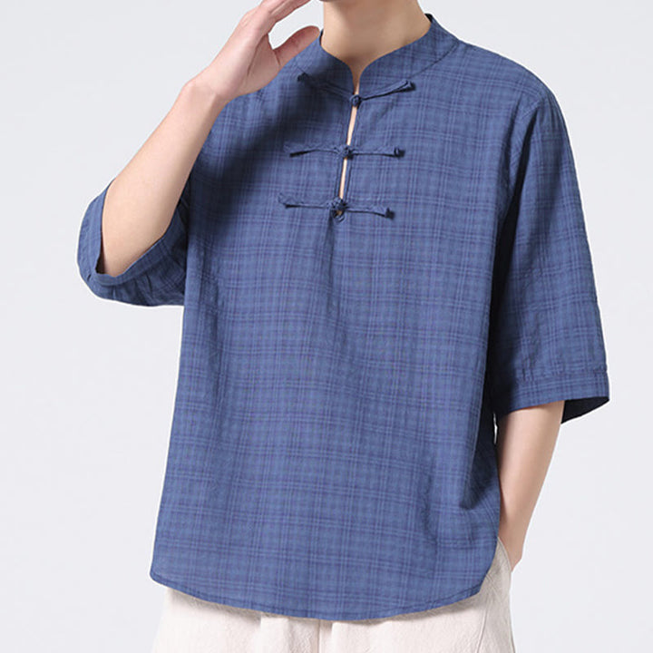 Chemise à manches mi-longues en coton et lin pour homme, motif à carreaux avec boutons de grenouille et Buddha Stones