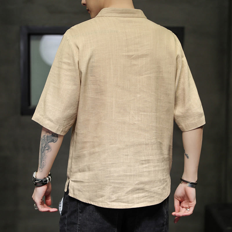 Chemise à manches courtes en coton et lin pour homme, costume chinois Tang brodé avec boutons de grenouille et Buddha Stones - image 12