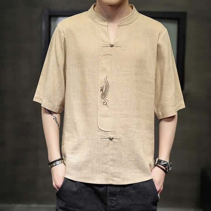 Chemise à manches courtes en coton et lin pour homme, costume chinois Tang brodé avec boutons de grenouille et Buddha Stones - Bisque - US/UK/AU46，EU56 (5XL) - image 10
