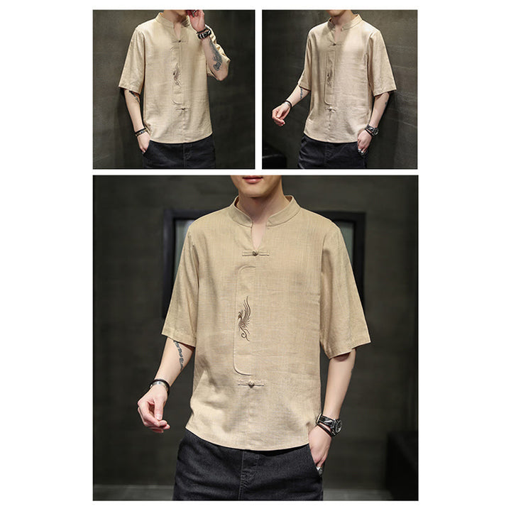 Chemise à manches courtes en coton et lin pour homme, costume chinois Tang brodé avec boutons de grenouille et Buddha Stones - image 16