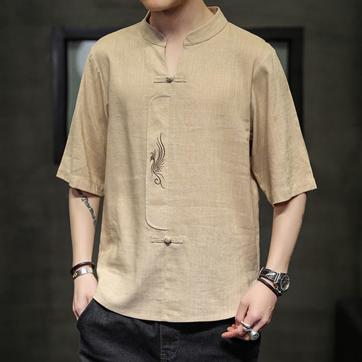 Chemise à manches courtes en coton et lin pour homme, costume chinois Tang brodé avec boutons de grenouille et Buddha Stones - image 14