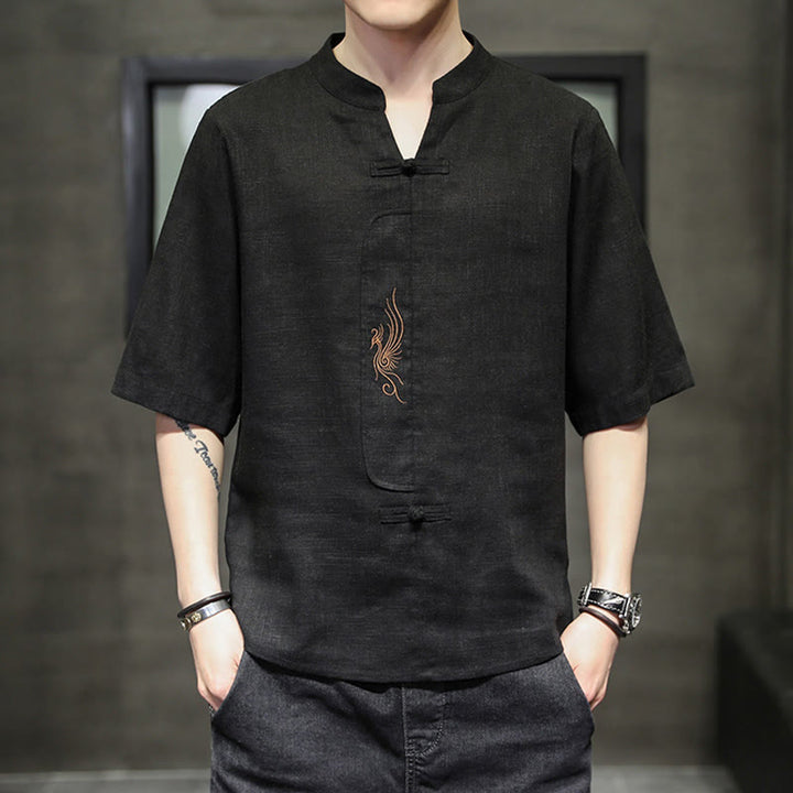 Chemise à manches courtes en coton et lin pour homme, costume chinois Tang brodé avec boutons de grenouille et Buddha Stones - Noir - US/UK/AU46，EU56 (5XL) - image 16