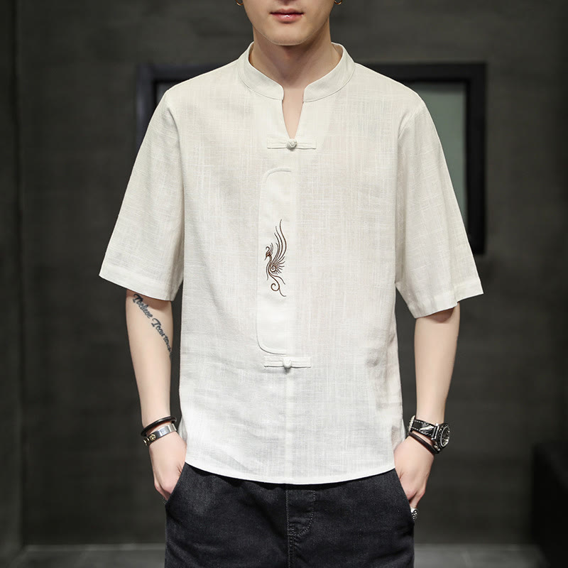 Chemise à manches courtes en coton et lin pour homme, costume chinois Tang brodé avec boutons de grenouille et Buddha Stones - image 1