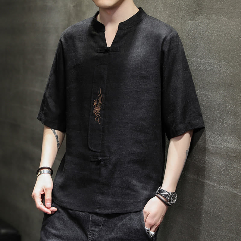 Chemise à manches courtes en coton et lin pour homme, costume chinois Tang brodé avec boutons de grenouille et Buddha Stones - image 19