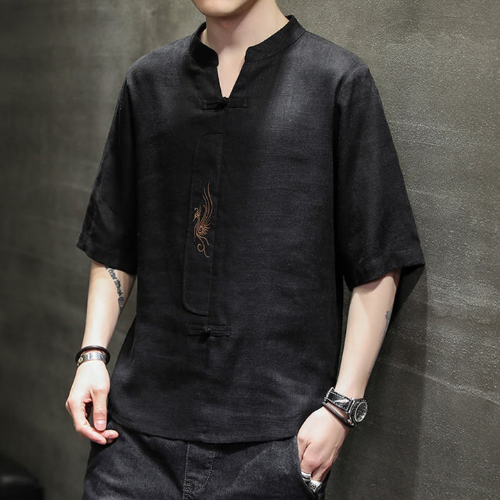 Chemise à manches courtes en coton et lin pour homme, costume chinois Tang brodé avec boutons de grenouille et Buddha Stones - image 19