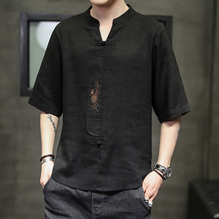 Chemise à manches courtes en coton et lin pour homme, costume chinois Tang brodé avec boutons de grenouille et Buddha Stones - image 20