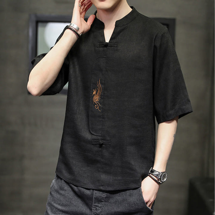 Chemise à manches courtes en coton et lin pour homme, costume chinois Tang brodé avec boutons de grenouille et Buddha Stones - image 22