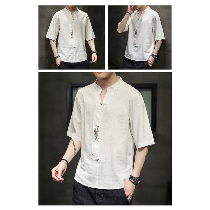 Chemise à manches courtes en coton et lin pour homme, costume chinois Tang brodé avec boutons de grenouille et Buddha Stones - image 9