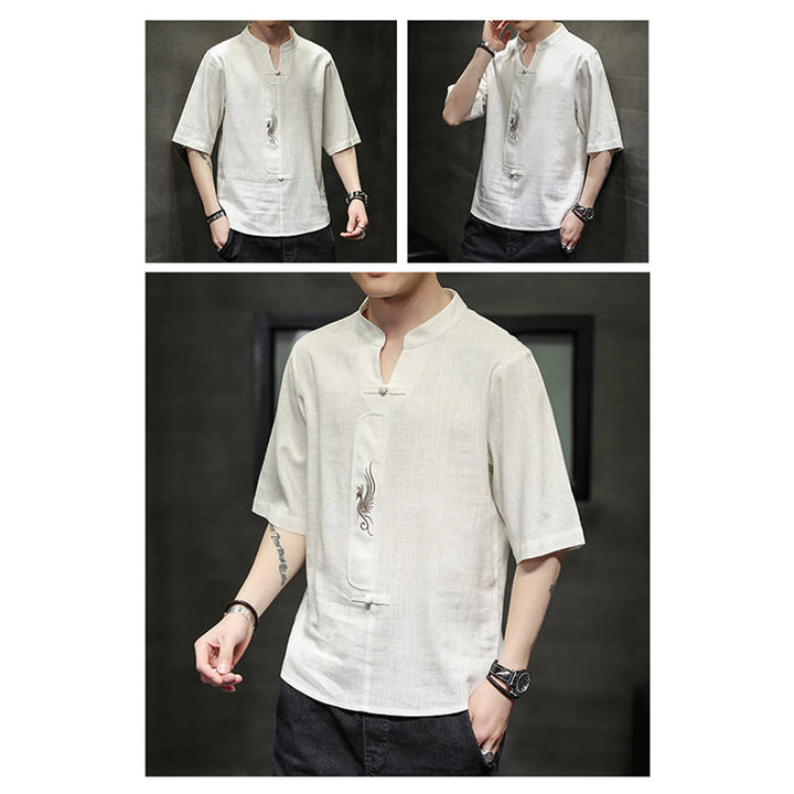 Chemise à manches courtes en coton et lin pour homme, costume chinois Tang brodé avec boutons de grenouille et Buddha Stones - image 9