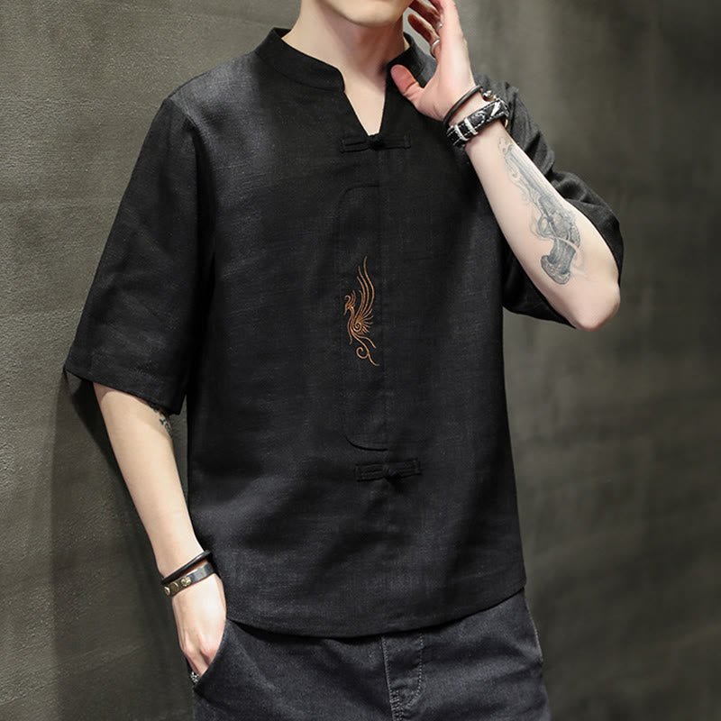 Chemise à manches courtes en coton et lin pour homme, costume chinois Tang brodé avec boutons de grenouille et Buddha Stones - image 18