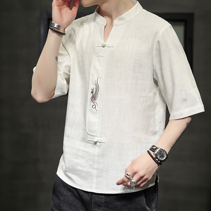 Chemise à manches courtes en coton et lin pour homme, costume chinois Tang brodé avec boutons de grenouille et Buddha Stones - image 7