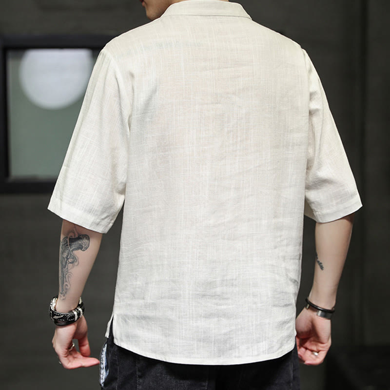 Chemise à manches courtes en coton et lin pour homme, costume chinois Tang brodé avec boutons de grenouille et Buddha Stones - image 2