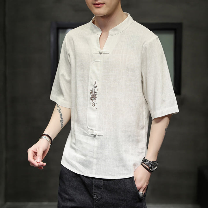Chemise à manches courtes en coton et lin pour homme, costume chinois Tang brodé avec boutons de grenouille et Buddha Stones - image 6