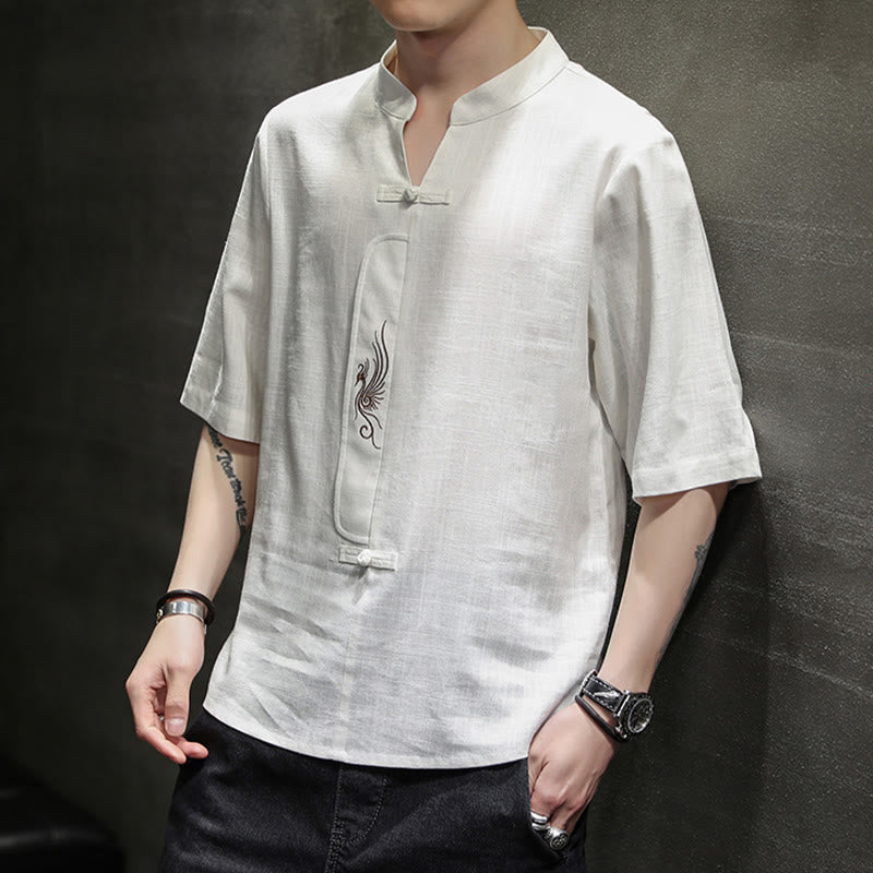 Chemise à manches courtes en coton et lin pour homme, costume chinois Tang brodé avec boutons de grenouille et Buddha Stones - image 3