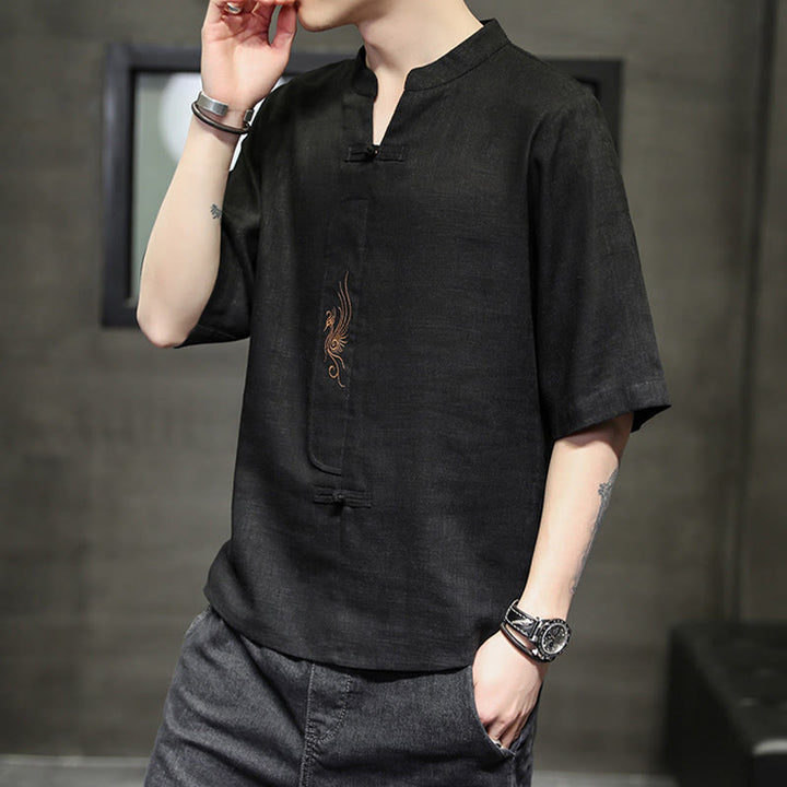Chemise à manches courtes en coton et lin pour homme, costume chinois Tang brodé avec boutons de grenouille et Buddha Stones - image 21