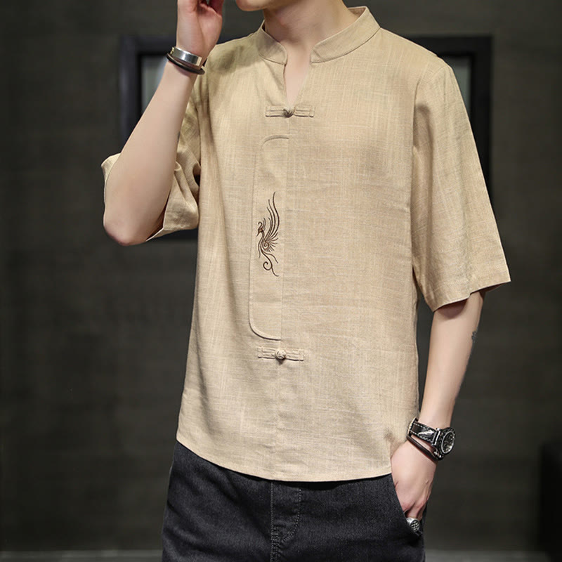 Chemise à manches courtes en coton et lin pour homme, costume chinois Tang brodé avec boutons de grenouille et Buddha Stones - image 12