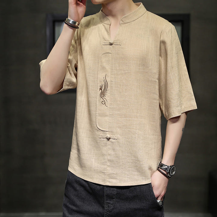 Chemise à manches courtes en coton et lin pour homme, costume chinois Tang brodé avec boutons de grenouille et Buddha Stones - image 12