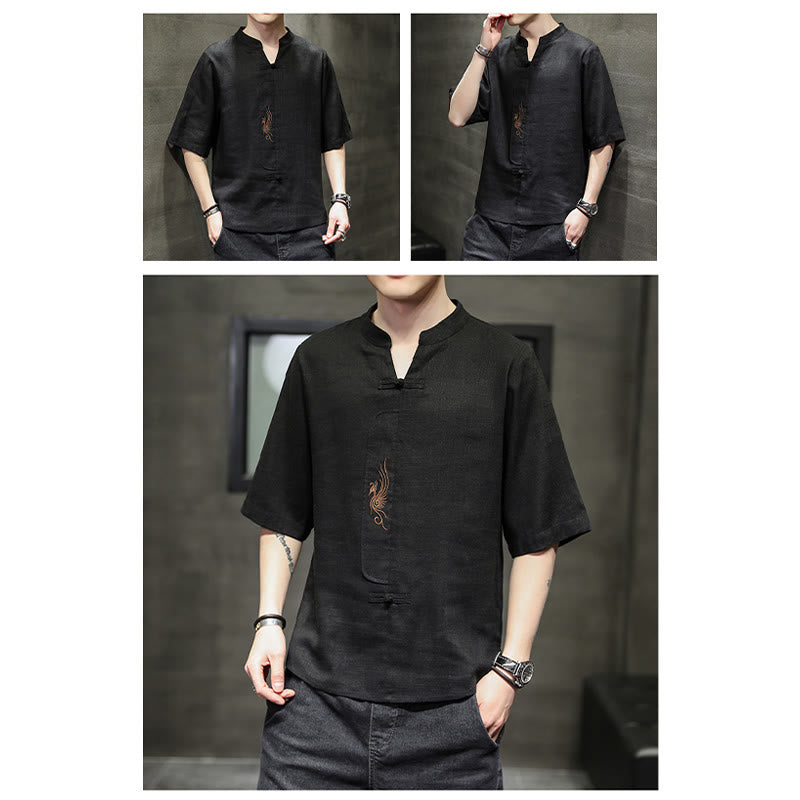 Chemise à manches courtes en coton et lin pour homme, costume chinois Tang brodé avec boutons de grenouille et Buddha Stones - image 24