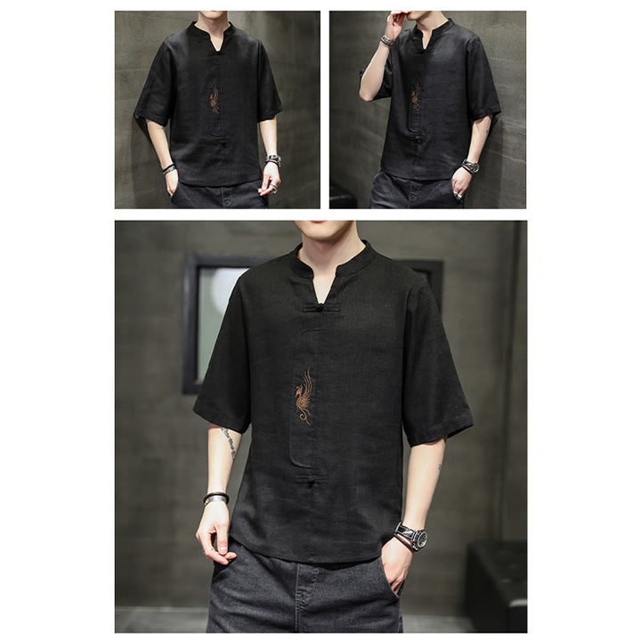 Chemise à manches courtes en coton et lin pour homme, costume chinois Tang brodé avec boutons de grenouille et Buddha Stones - image 24