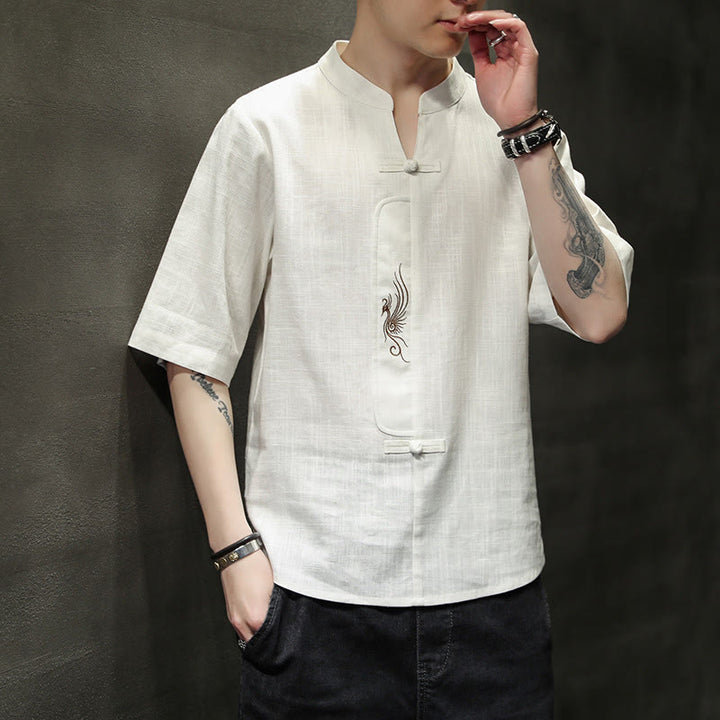 Chemise à manches courtes en coton et lin pour homme, costume chinois Tang brodé avec boutons de grenouille et Buddha Stones - image 4