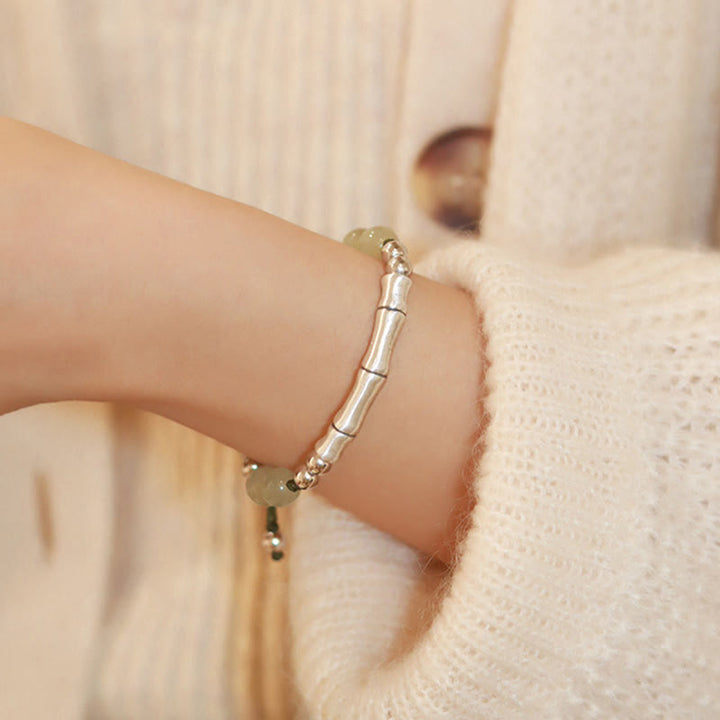 Bracelet en argent sterling 925 Buddha Stones et jade naturel Fu en bambou