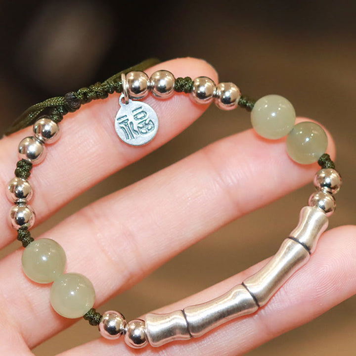 Bracelet en argent sterling 925 Buddha Stones et jade naturel Fu en bambou