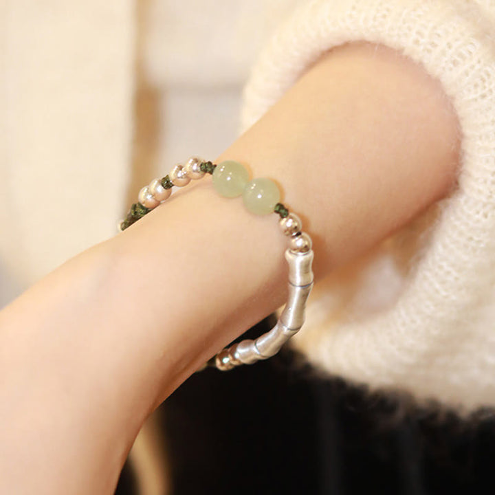 Bracelet en argent sterling 925 Buddha Stones et jade naturel Fu en bambou
