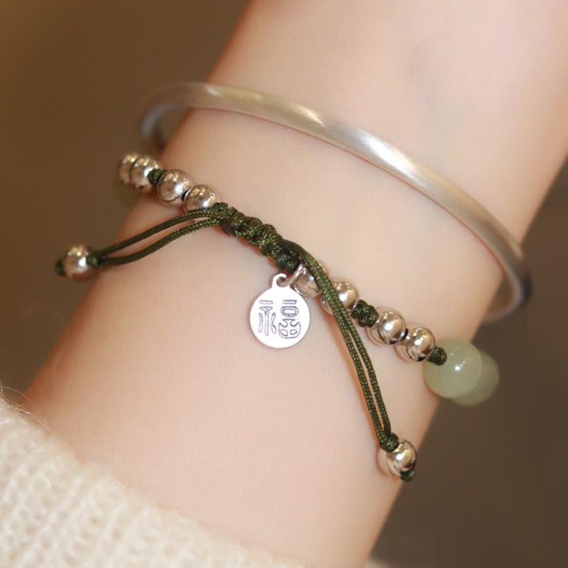 Bracelet en argent sterling 925 Buddha Stones et jade naturel Fu en bambou